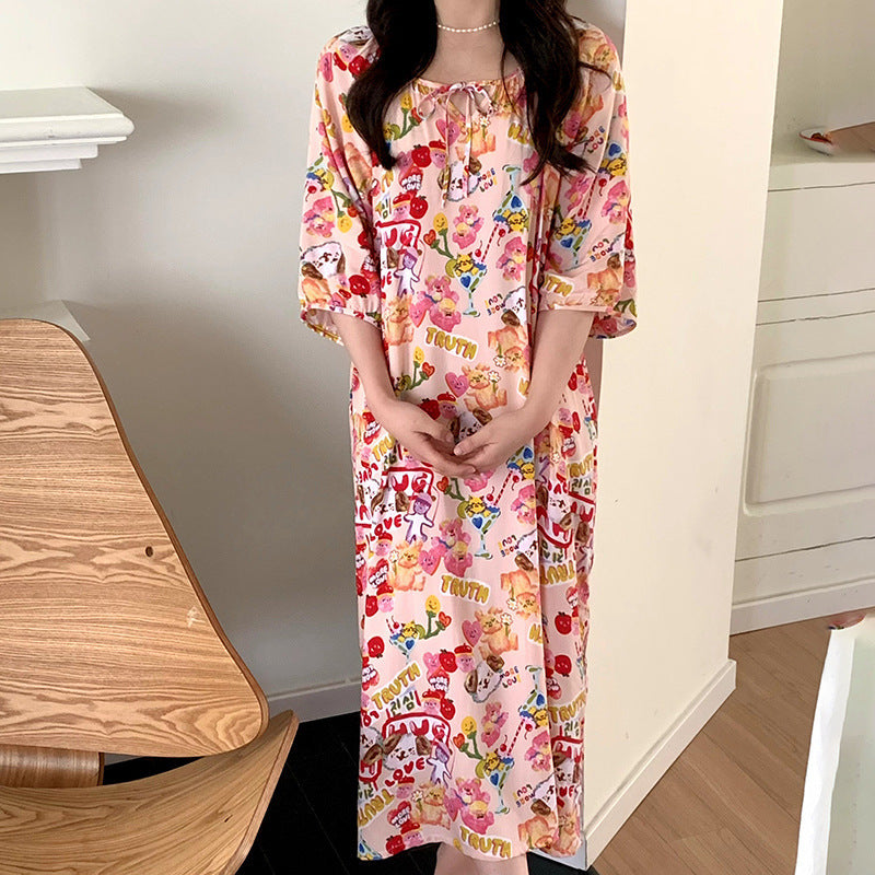 Women's Printed Cotton Nightdress Striped Plus Size Pajamas