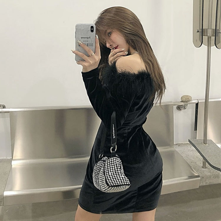 Long-sleeved Slim-fit Hip-bottomed Gold Velvet Dress