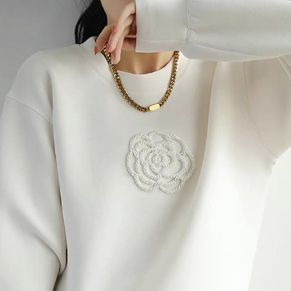 Loose Classic Style Three-dimensional Camellia Round Neck Sweater For Women