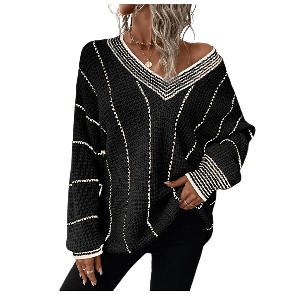 Autumn And Winter Knitted V-neck Striped Sweater