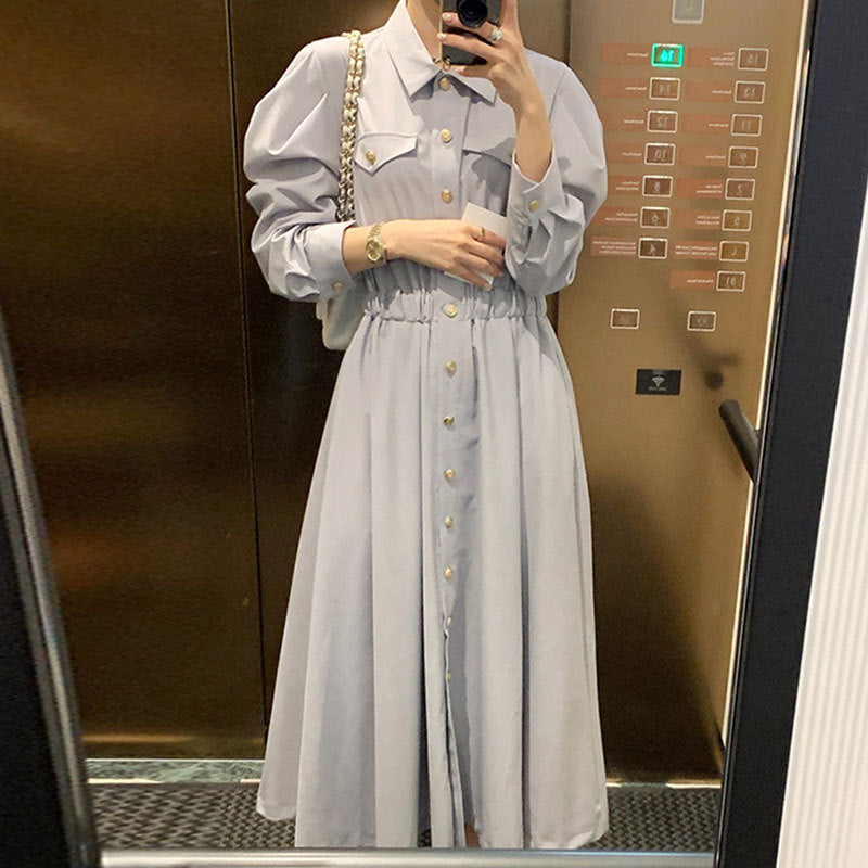 Gentle Simple Lapel Single Breasted Pleated Waist Dress