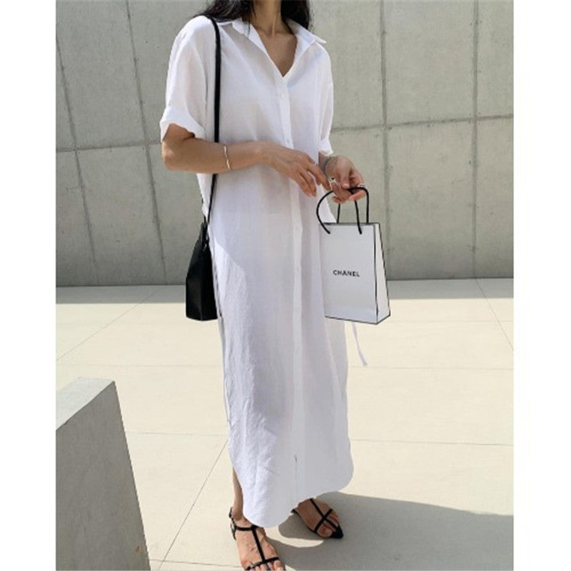 Minimalist Single-breasted Shirt Dress Over The Knee Long Skirt