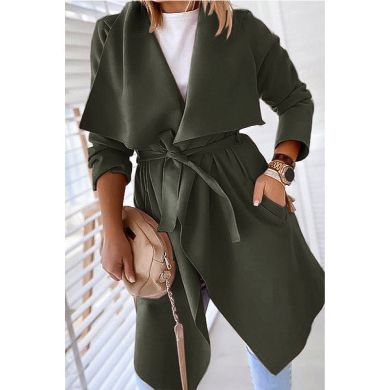 Lapel solid color long trench coat