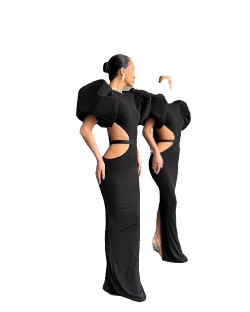 Hip-wrapped Dress Puff Sleeve Banquet Evening Dress