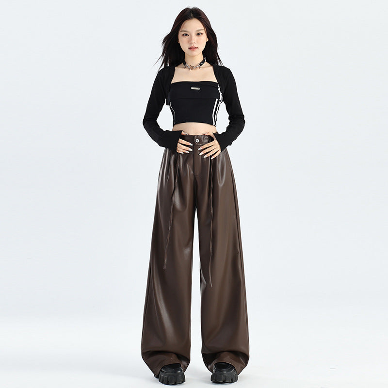 Retro Coffee Color Leather Pants Women's PU Pleated Straight Wide-leg Pants