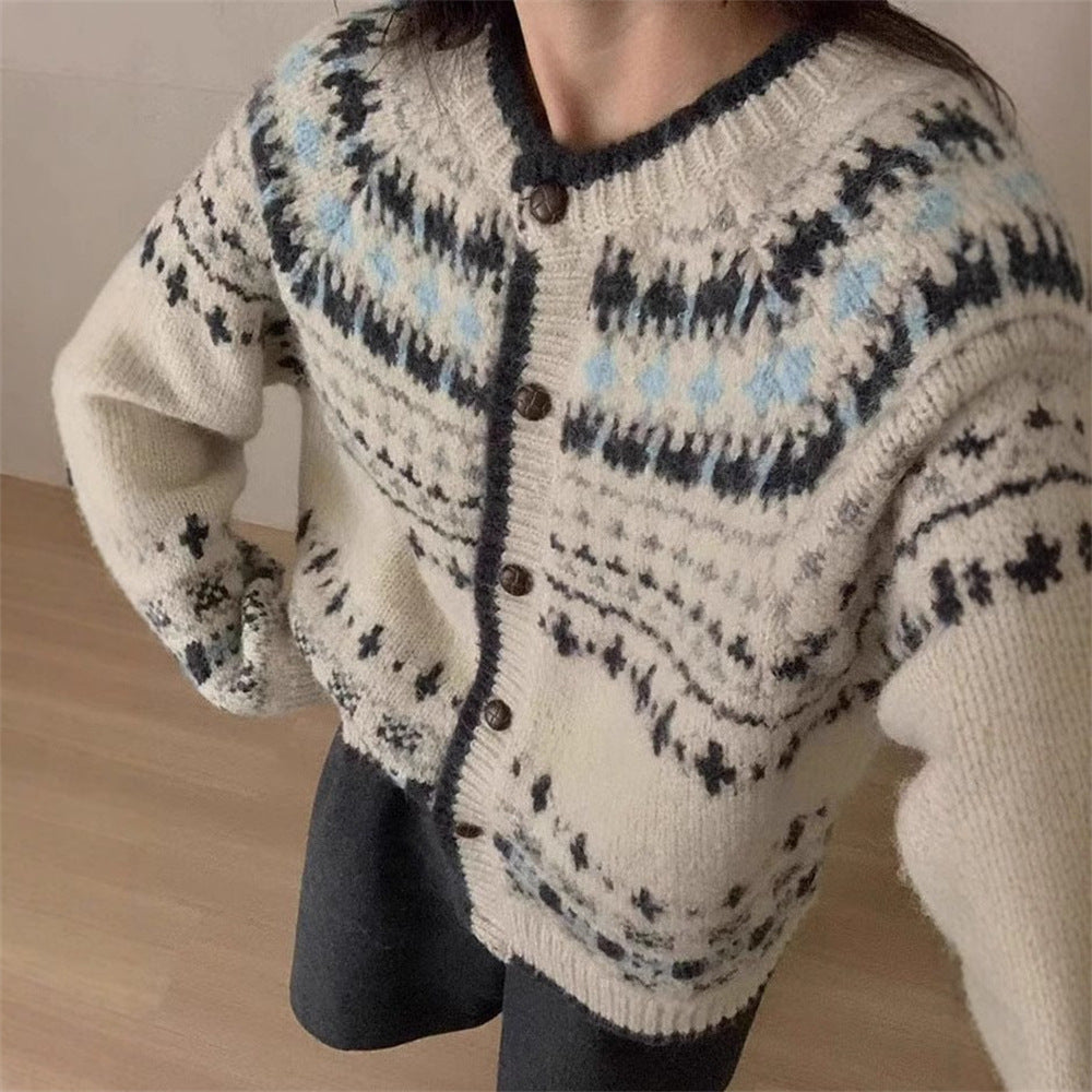 Female Versatile Ethnic Jacquard Knitted Cardigan Top