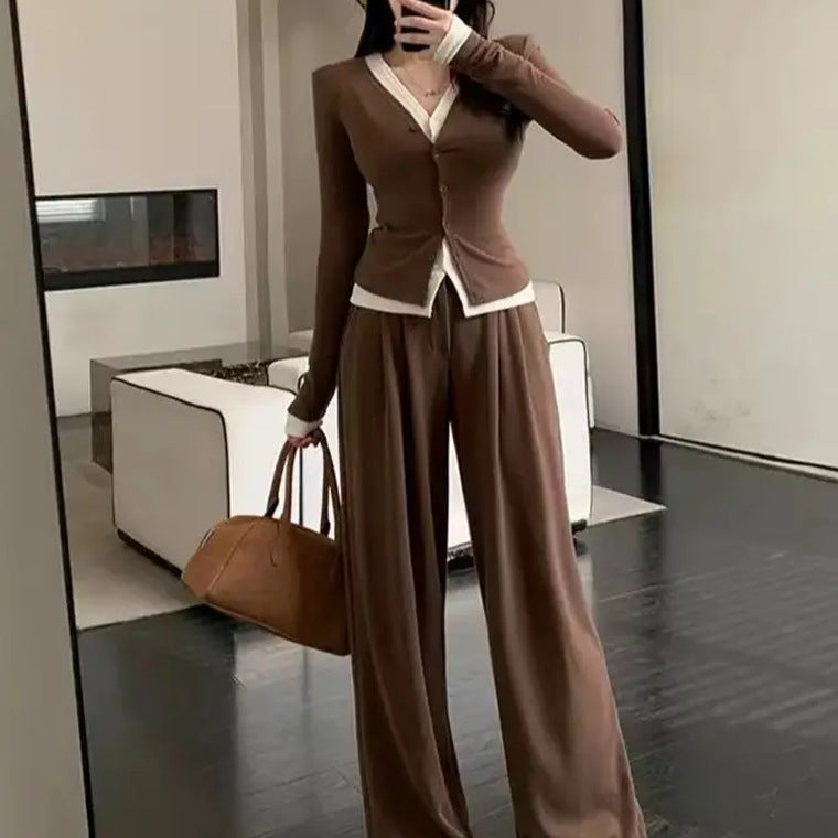 Plus Size Women's Fake Two-piece Top High Waist Wide Leg Pants Two-piece Set