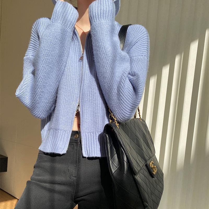 Sweater Small Cardigan Women's Short Preppy Style Stand Collar Zipper Sweater Spring And Autumn Thin Sweater