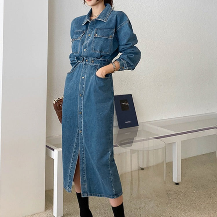 Korean style slim denim dress female waist single breasted