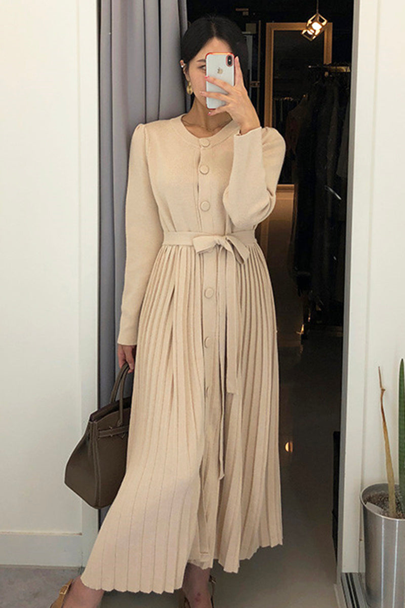 Round neck single-breasted lace-up bow knitted pleated dress