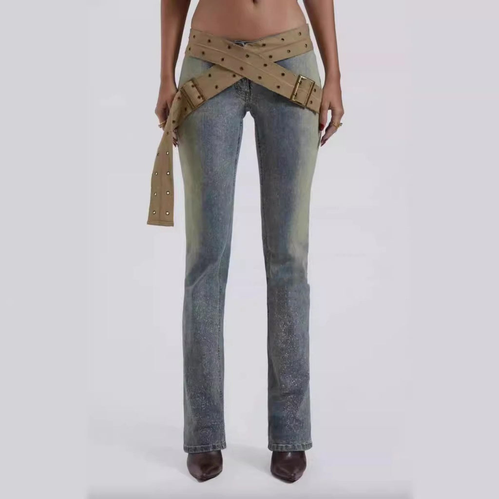 Canvas Thick Belt Decorative Low Waist Leg Trimming Denim Trousers For Women