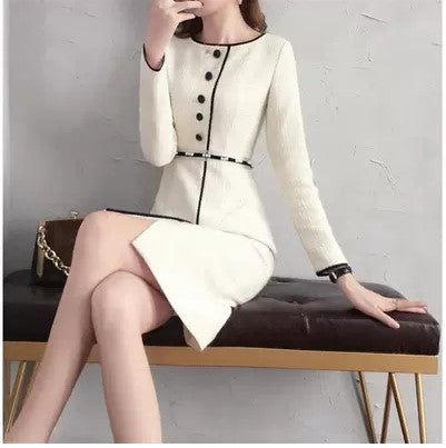 Professional dress new white thick long-sleeved bottom skirt small fragrance dress female autumn and winter