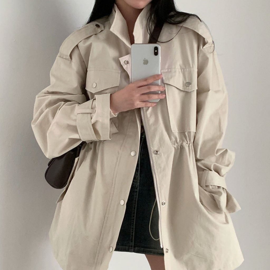 Chic Autumn Idle Style Mid-length Loose Single-breasted Lapel Overall Trench Coat