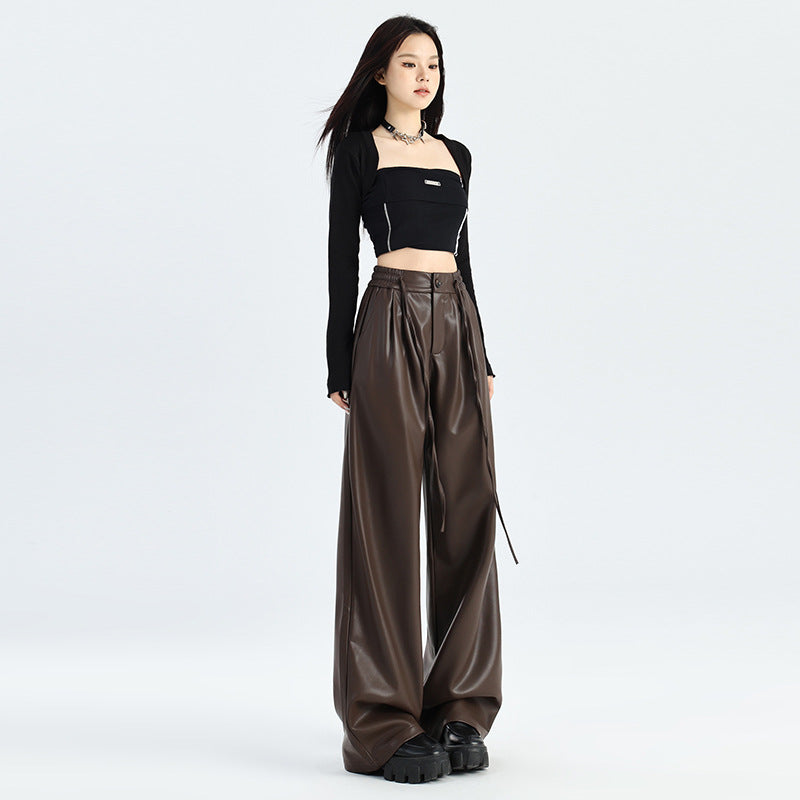 Retro Coffee Color Leather Pants Women's PU Pleated Straight Wide-leg Pants