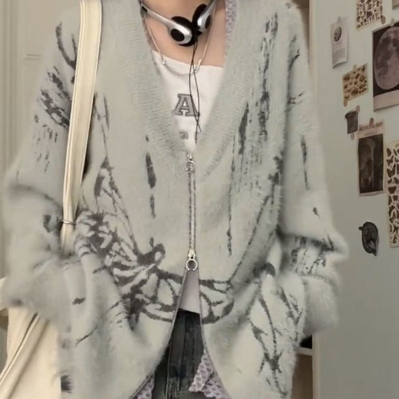 Printed Sweater Coat Mink-like Cut Loose Casual