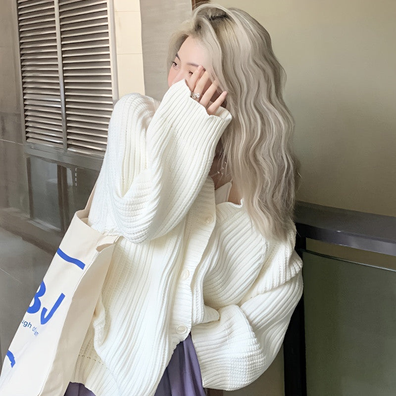 White Cardigan Sweater Coat For Women Spring And Autumn