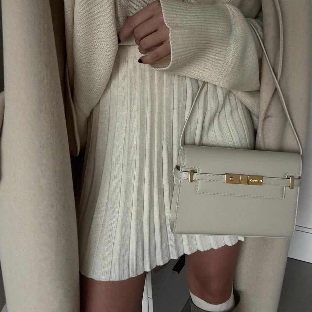 Solid Color Round Neck Sweater Pleated Skirt Suit Fashion Skirt