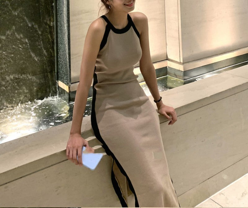 New Sleeveless Strap Tank Top Contrast Knit Dress