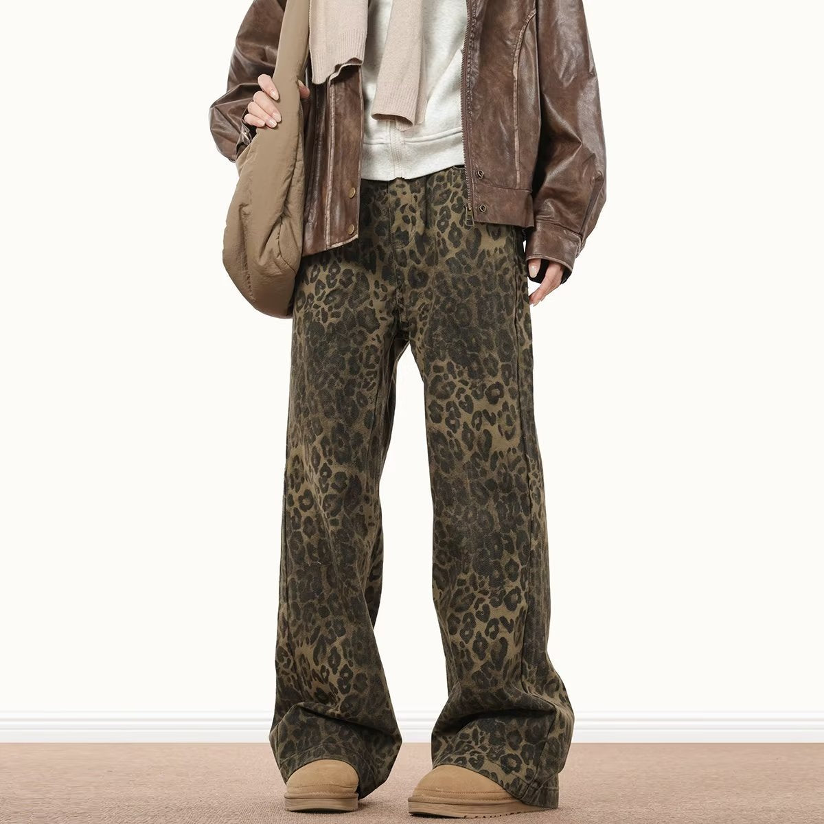 Vintage Leopard Print Jeans All-match Men