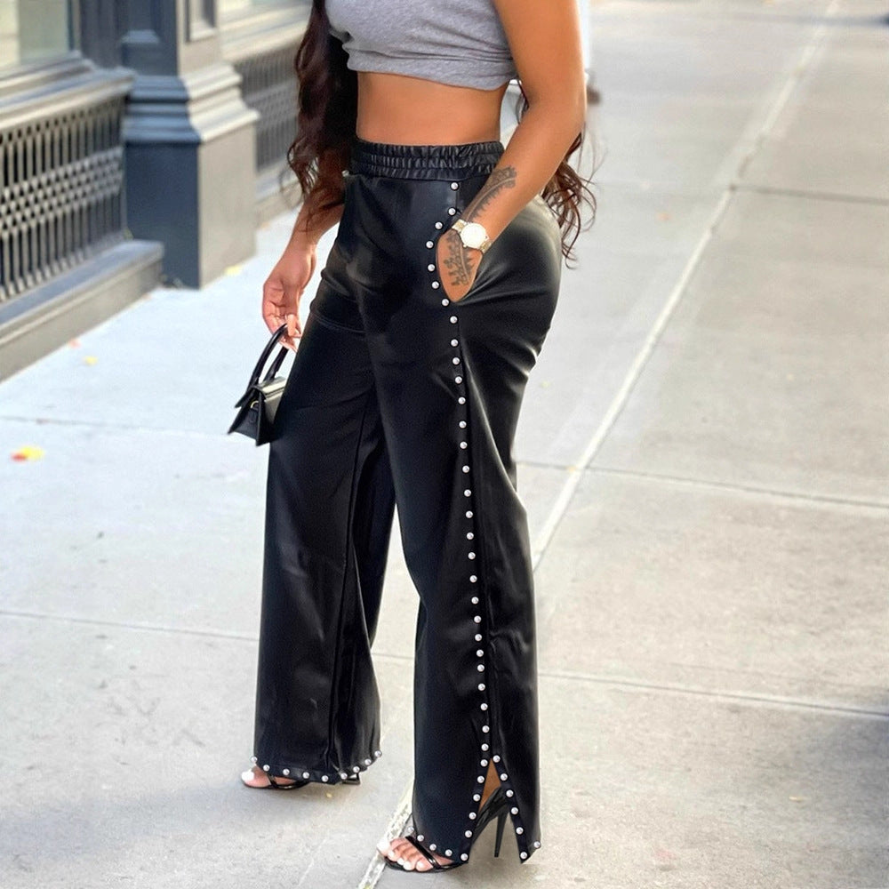 Solid Color Rhinestone Pocket Casual Loose Wide Leg Pants PU Leather Pants