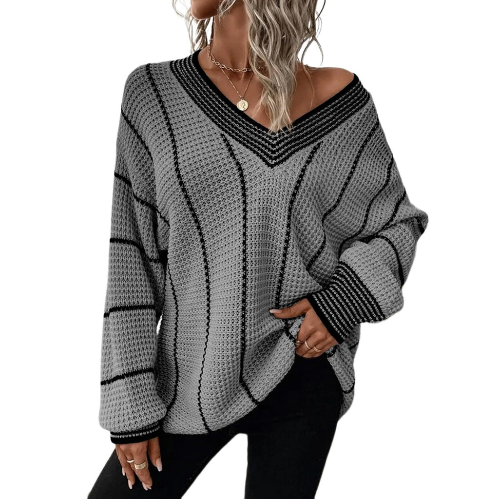 Autumn And Winter Knitted V-neck Striped Sweater