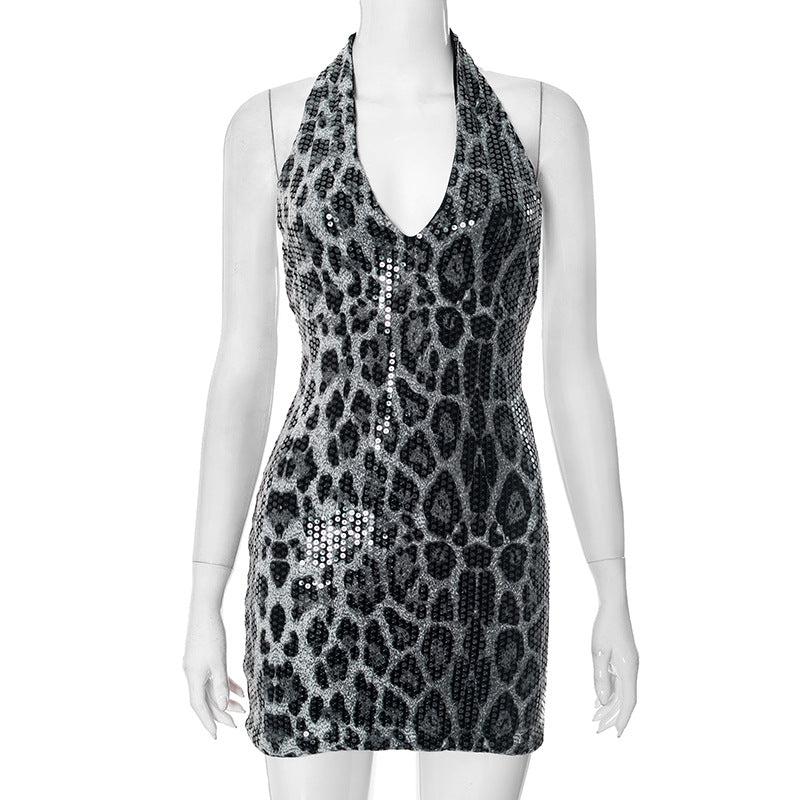 Sexy Sleeveless Halter Leopard Print Sequin Deep Collar Backless Hip Skirt