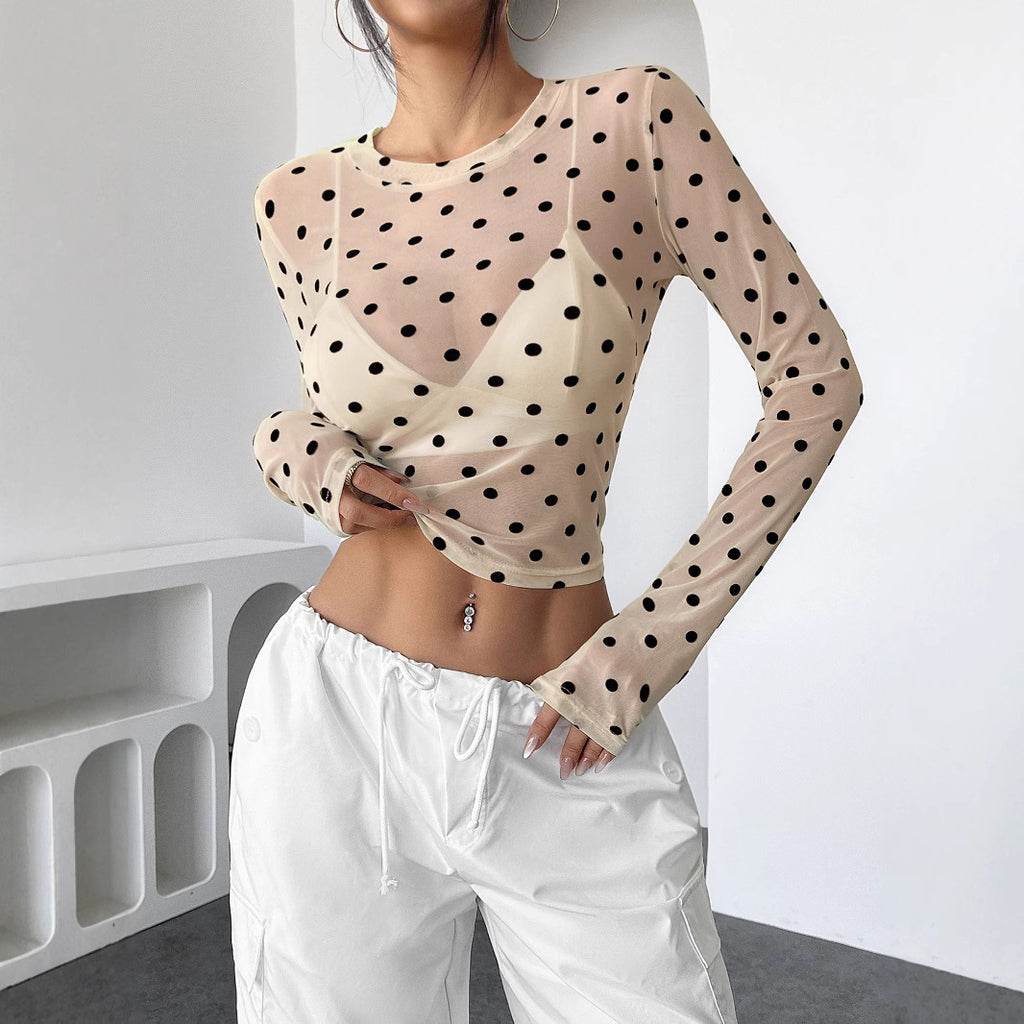 Design Sense See-through Dot Slim Mesh Round Neck Long Sleeve T-shirt