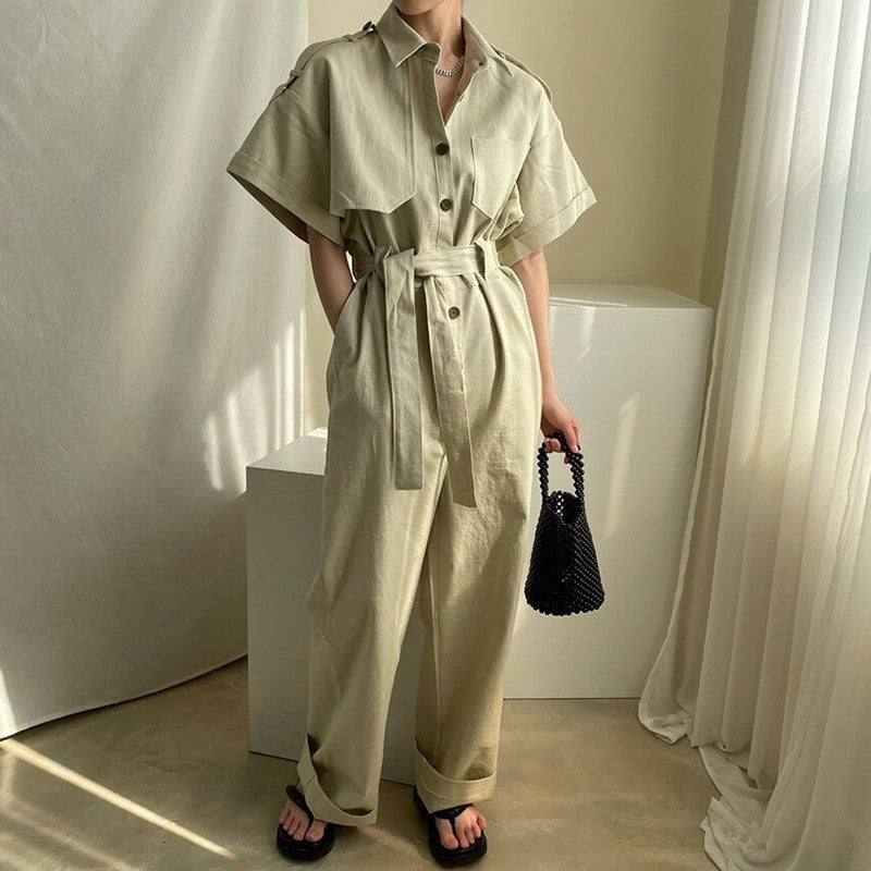 Temperament Lapel Single Breasted Lace Up Waist Multi Pocket Tooling Wide Leg Jumpsuit