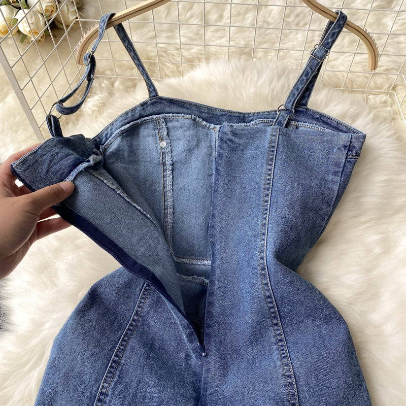 Women's Design Sense Denim Suspender Dress