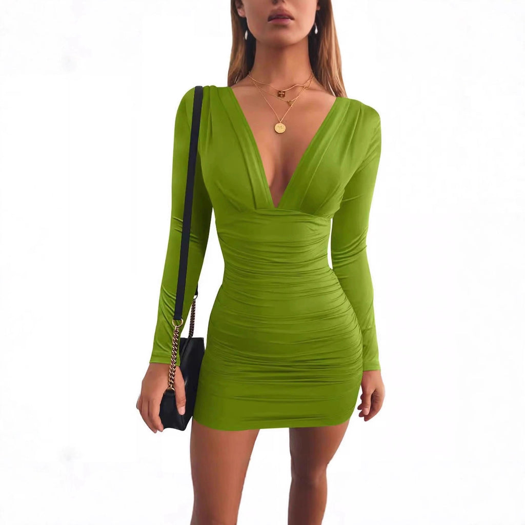 New V-neck Long Sleeve High Waist Sheath Dress For Women