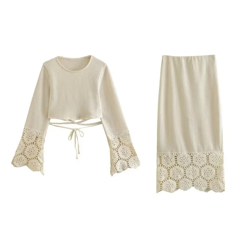 Crochet Solid Color Lace-up Top Back Slit Half Skirt Suit