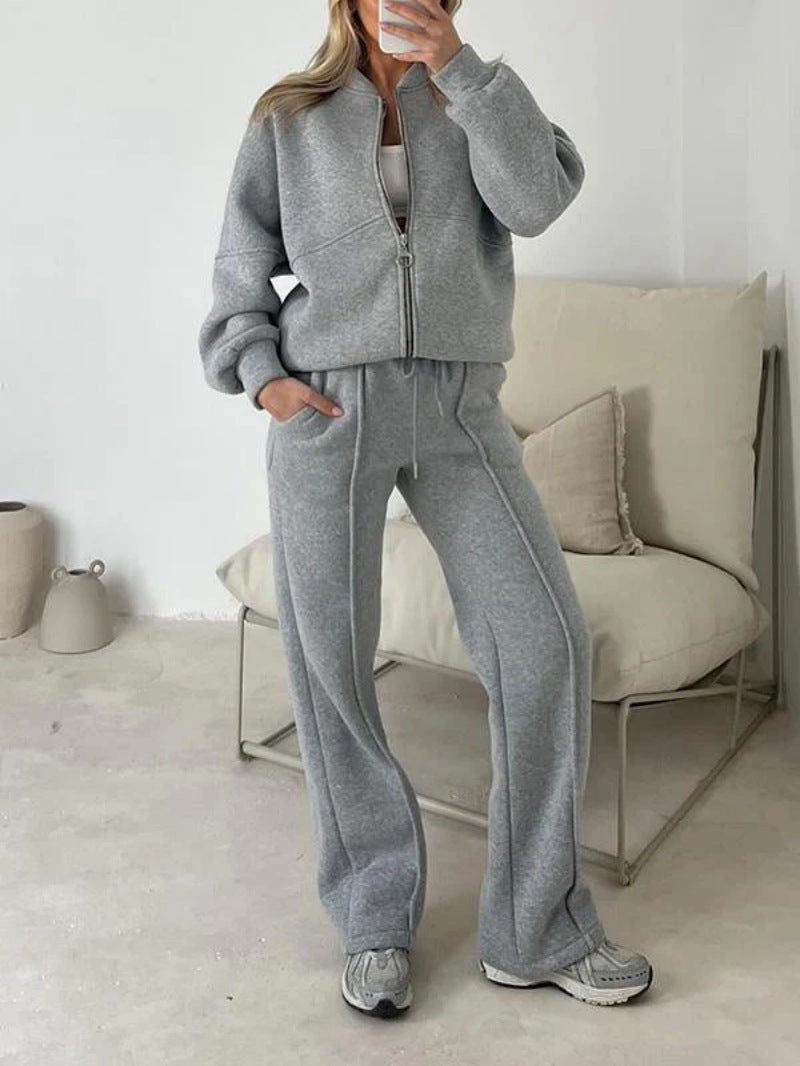 Fashion Casual Solid Color Long-sleeved Sweater Zipper Trousers Two-piece Set
