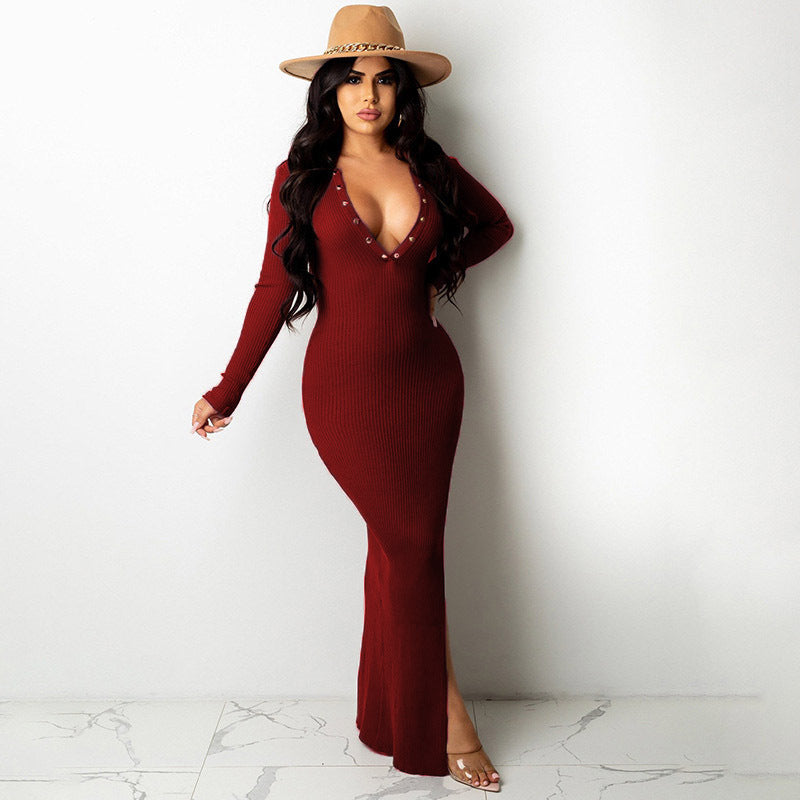 Women's Lapel Open Back Long Sleeve Slit Midi Dress