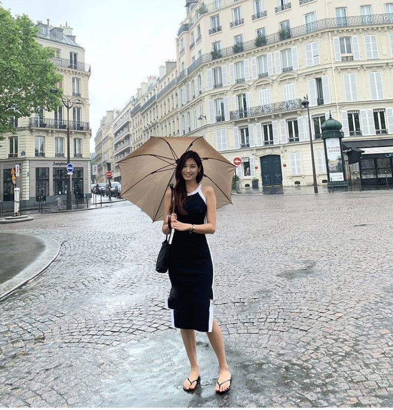 New Sleeveless Strap Tank Top Contrast Knit Dress