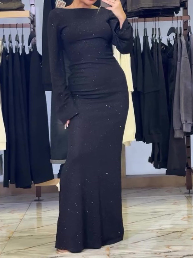 Bell Sleeve Open Back Glitter Dress