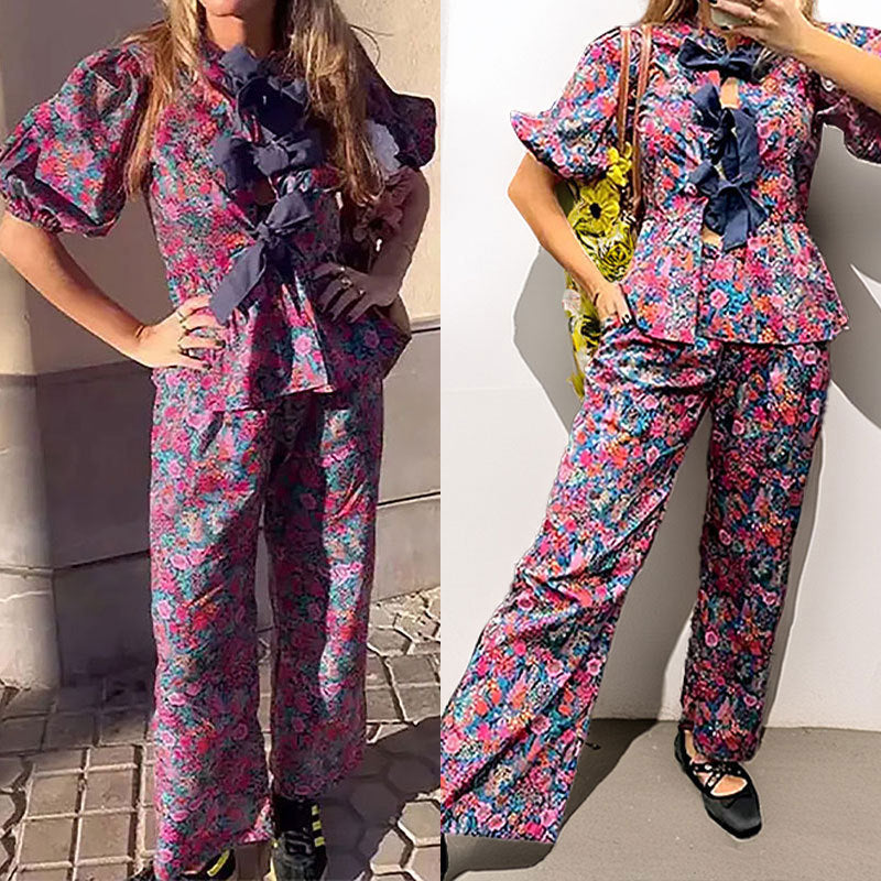 Leisure Floral Tie-neck Long Sleeve Trousers Suit
