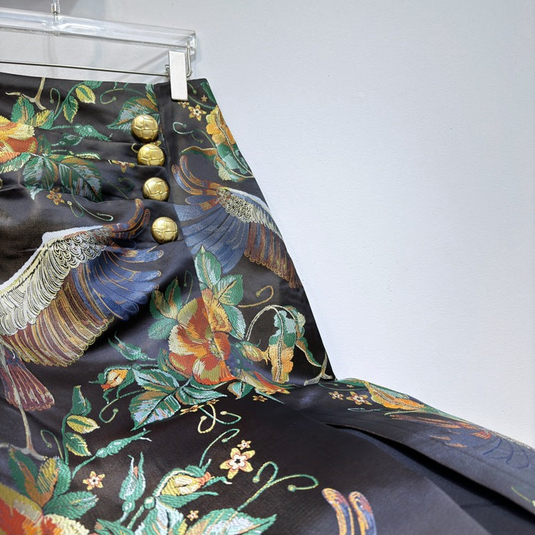 Women's Printed Gold Button Hem Slit High Waisted Skirt
