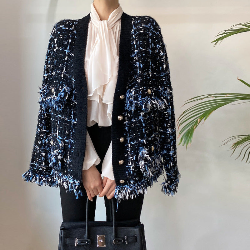 Women's Knitted Fringed Fringe Melange Sweater Coat