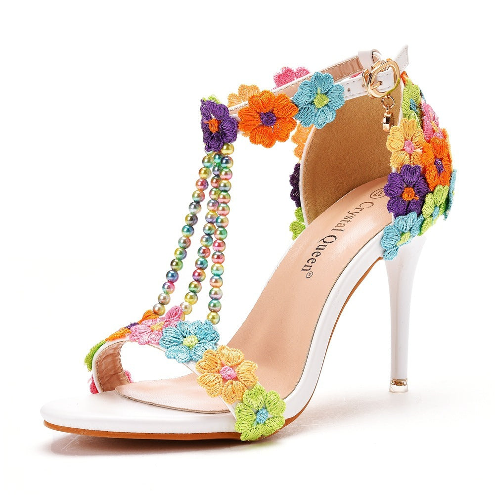 Lace Beaded Stiletto Fish Mouth  Toe Sandals Roman