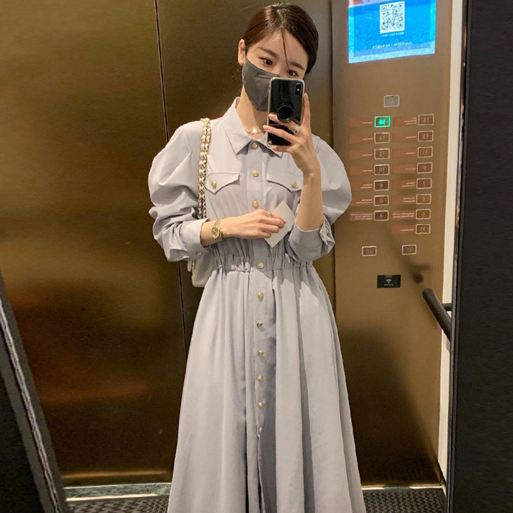 Gentle Simple Lapel Single Breasted Pleated Waist Dress