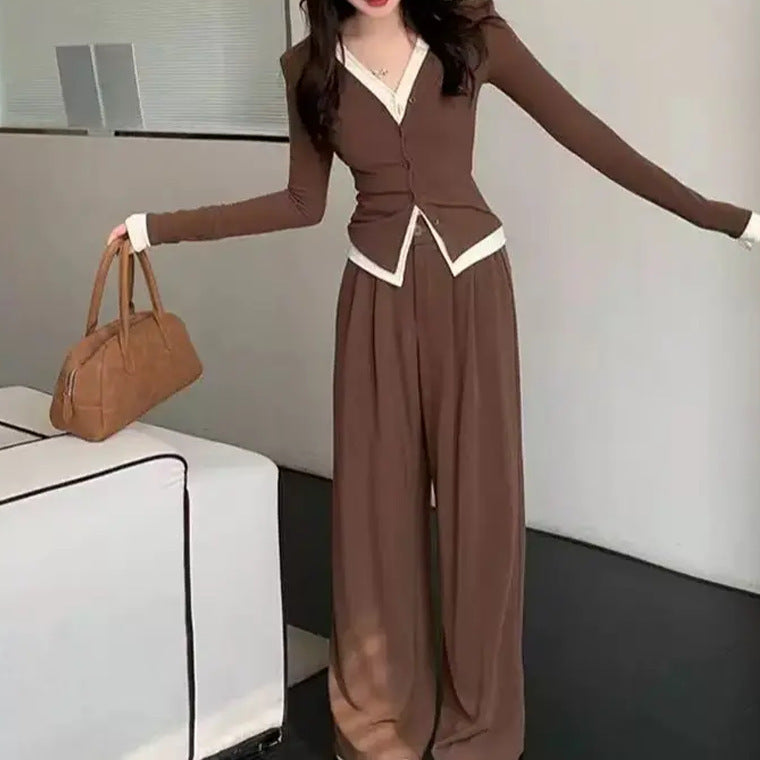 Plus Size Women's Fake Two-piece Top High Waist Wide Leg Pants Two-piece Set