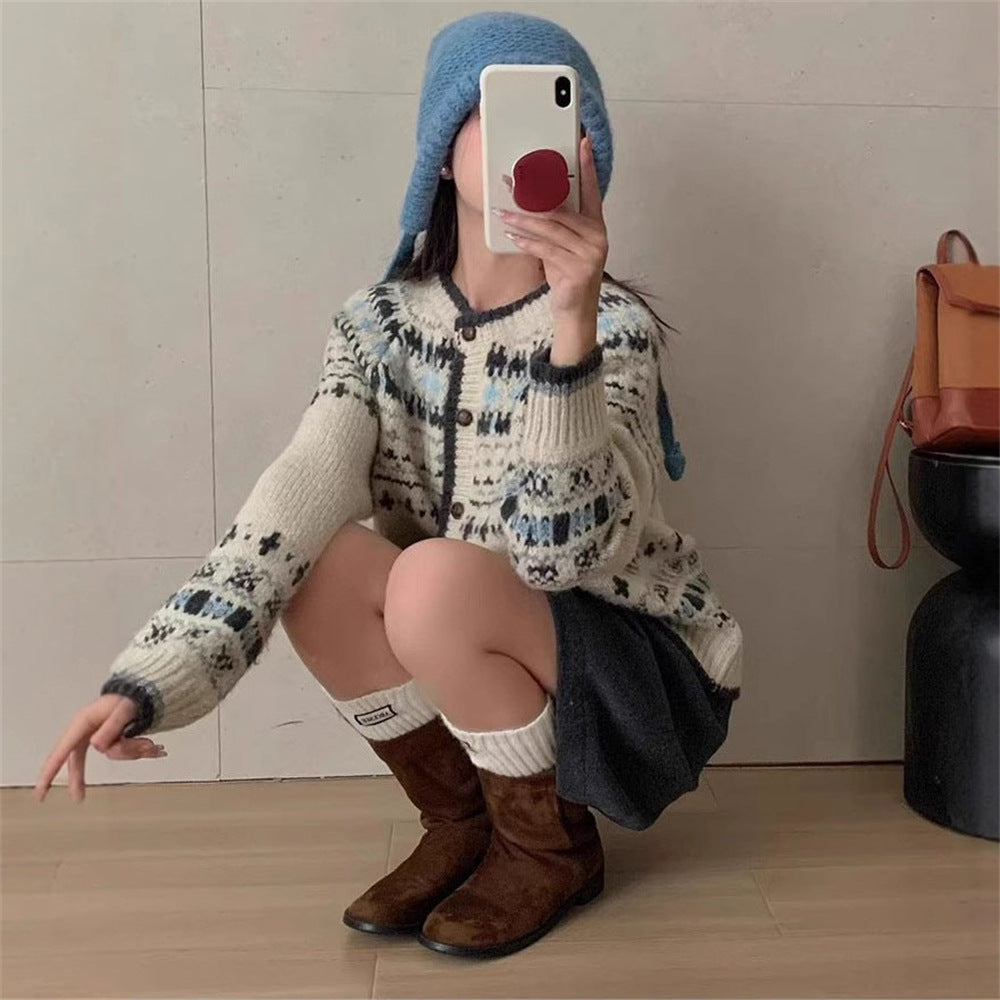 Female Versatile Ethnic Jacquard Knitted Cardigan Top