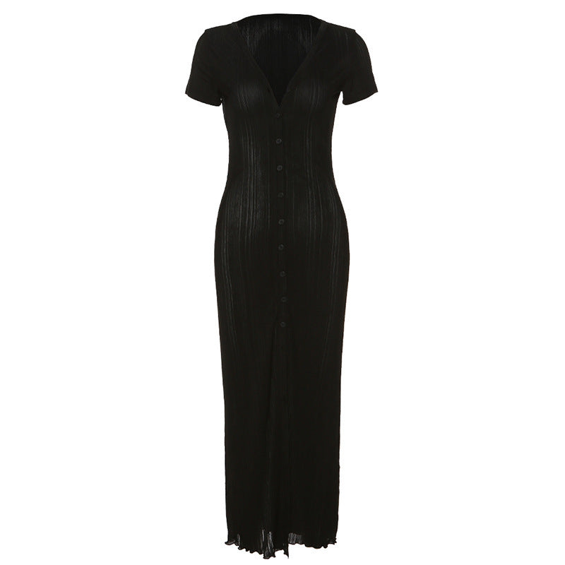 Women's Fashion Short Sleeve V Neck Single Breasted Slim Dress