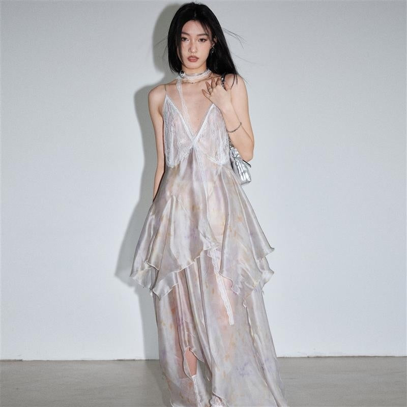 Printed Transparent Feather Irregular Suspender Skirt