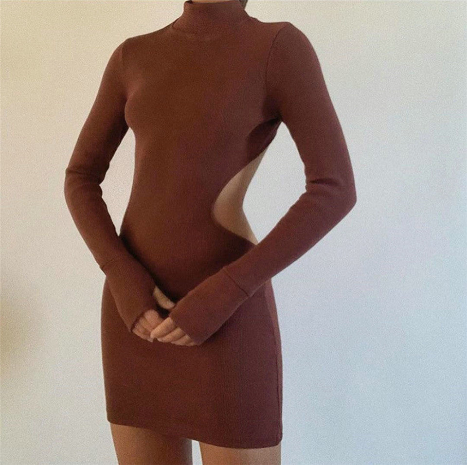 Sexy High-neck Tight-fitting Buttocks Solid Color Dress