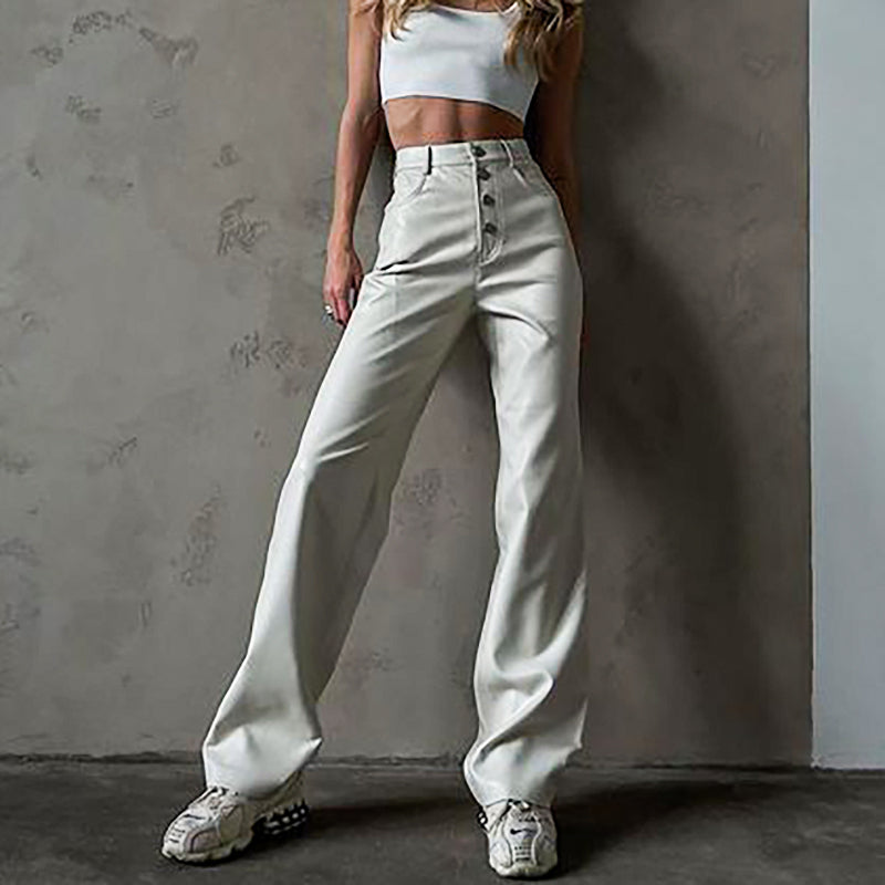Women's PU Leather White Micro Flare Pants Female