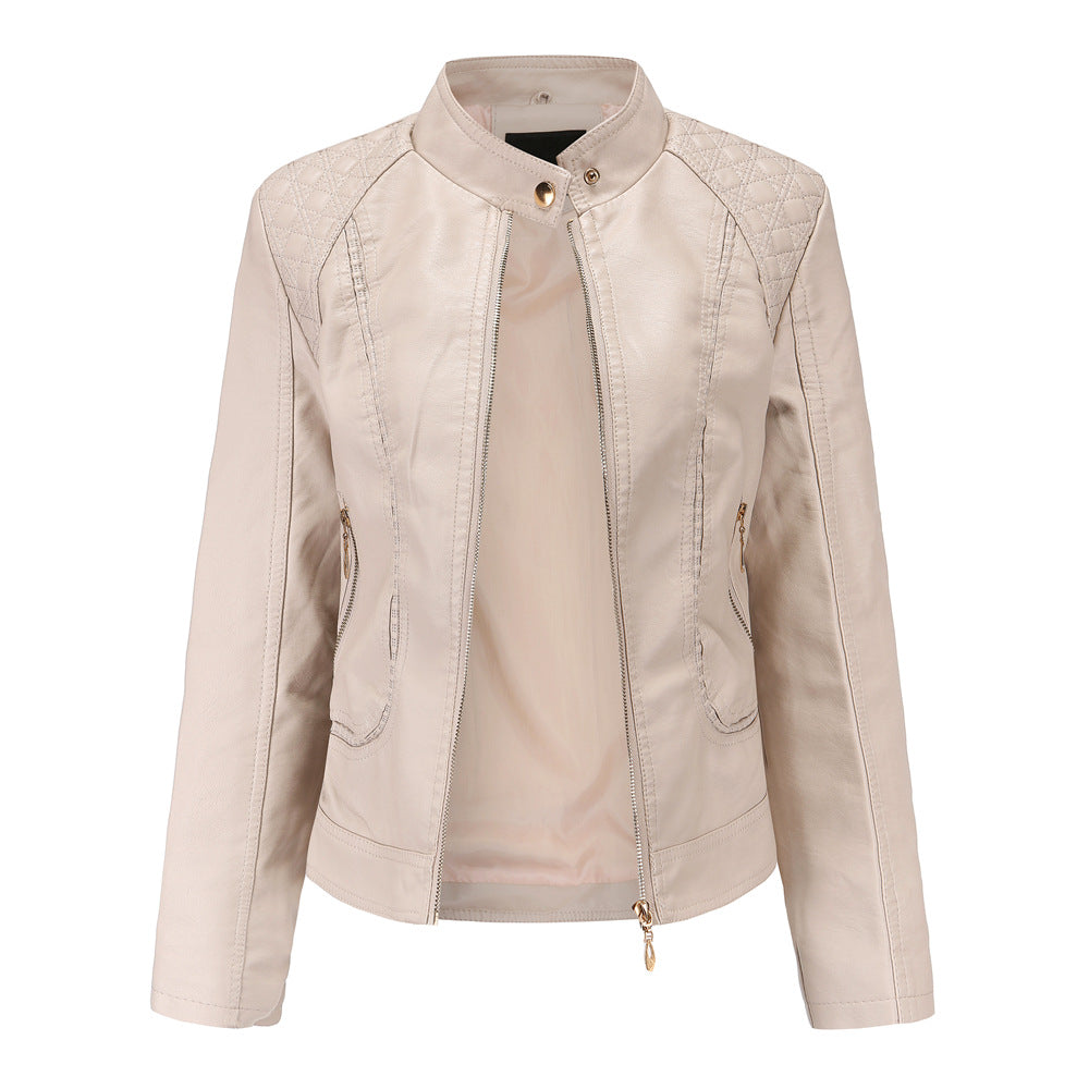 Women's stand collar PU leather jacket