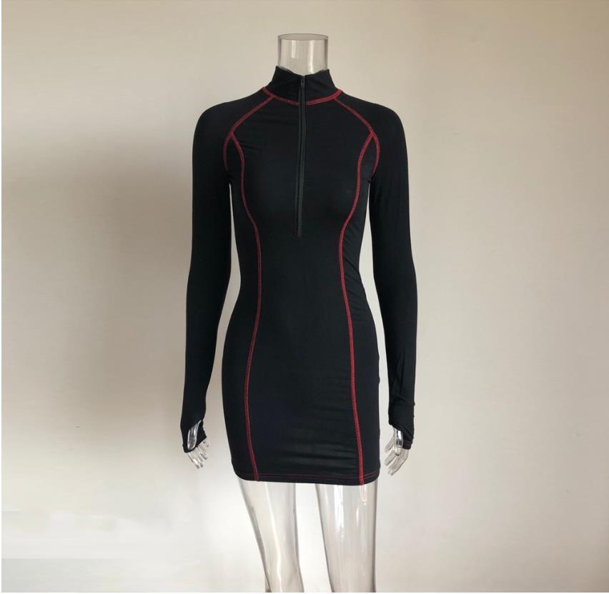 Stand collar zipper long sleeve dress