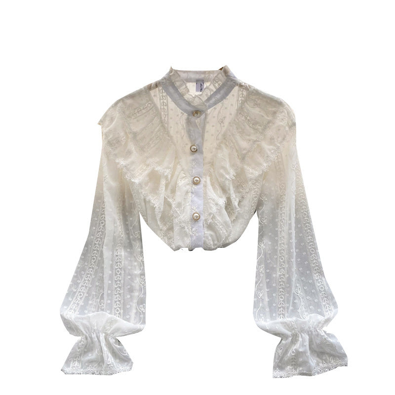 Women's Stand Collar Ruffle Lace Long Sleeve Shirt