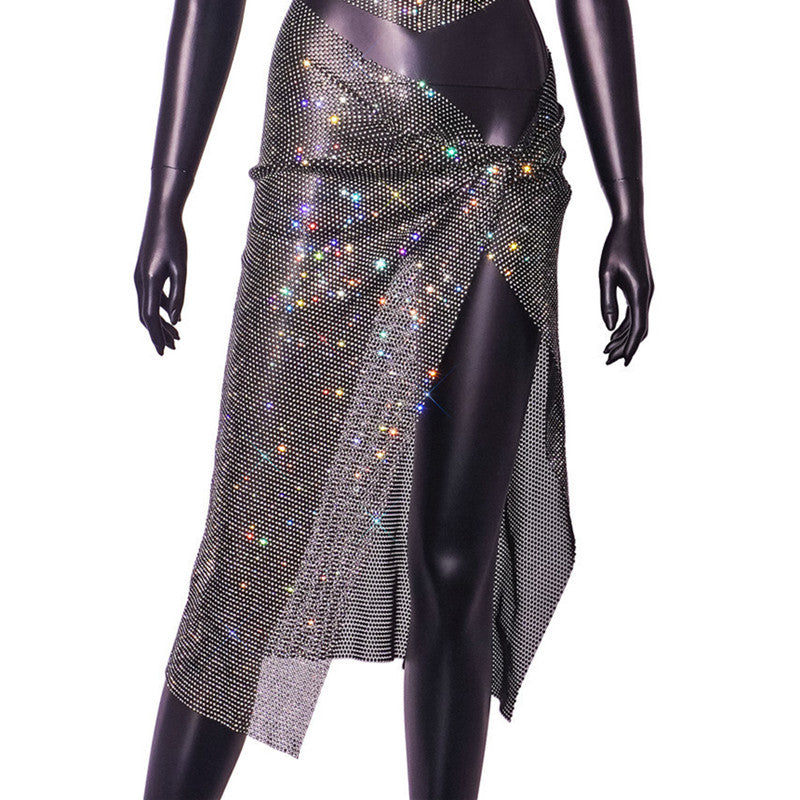 Women's Fashion Hollowed-out Fishnet Rhinestone See-through Suit